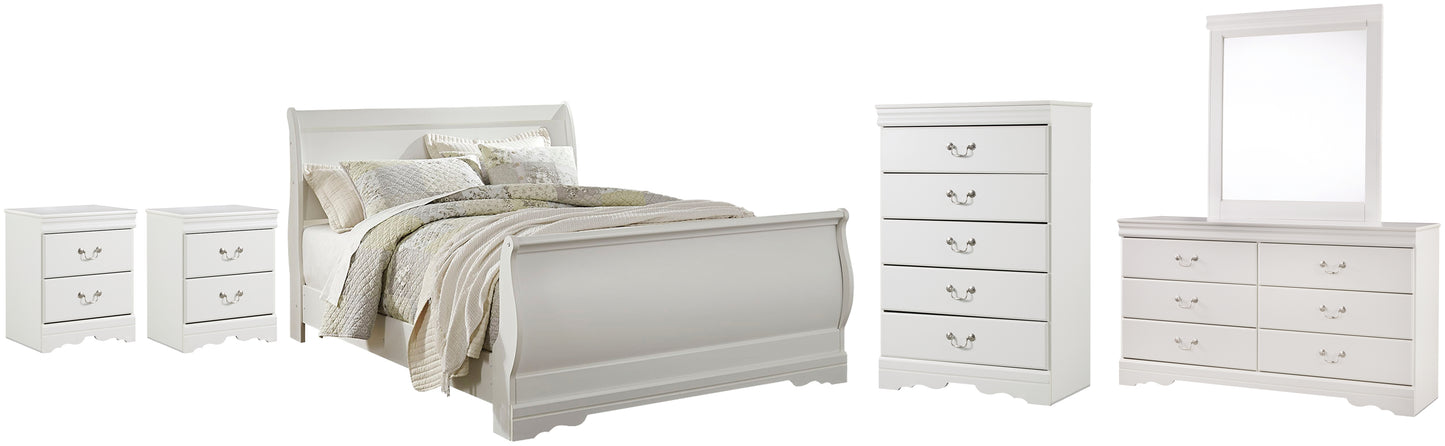 Anarasia Queen Sleigh Bed with Mirrored Dresser, Chest and 2 Nightstands