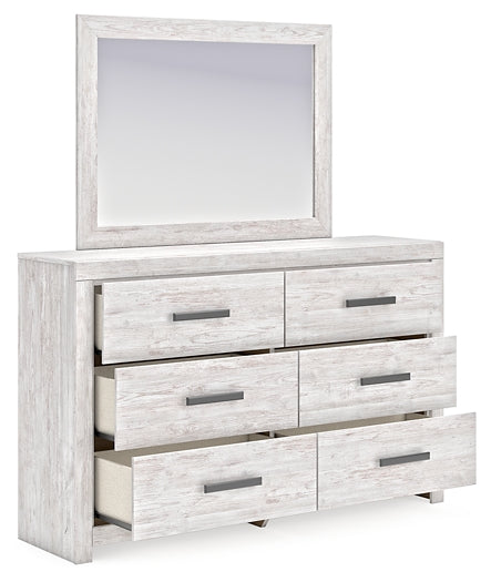 Cayboni King Panel Bed with Mirrored Dresser and Nightstand