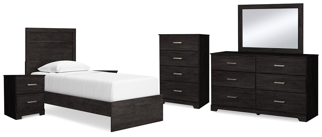 Belachime Twin Panel Bed with Mirrored Dresser, Chest and 2 Nightstands